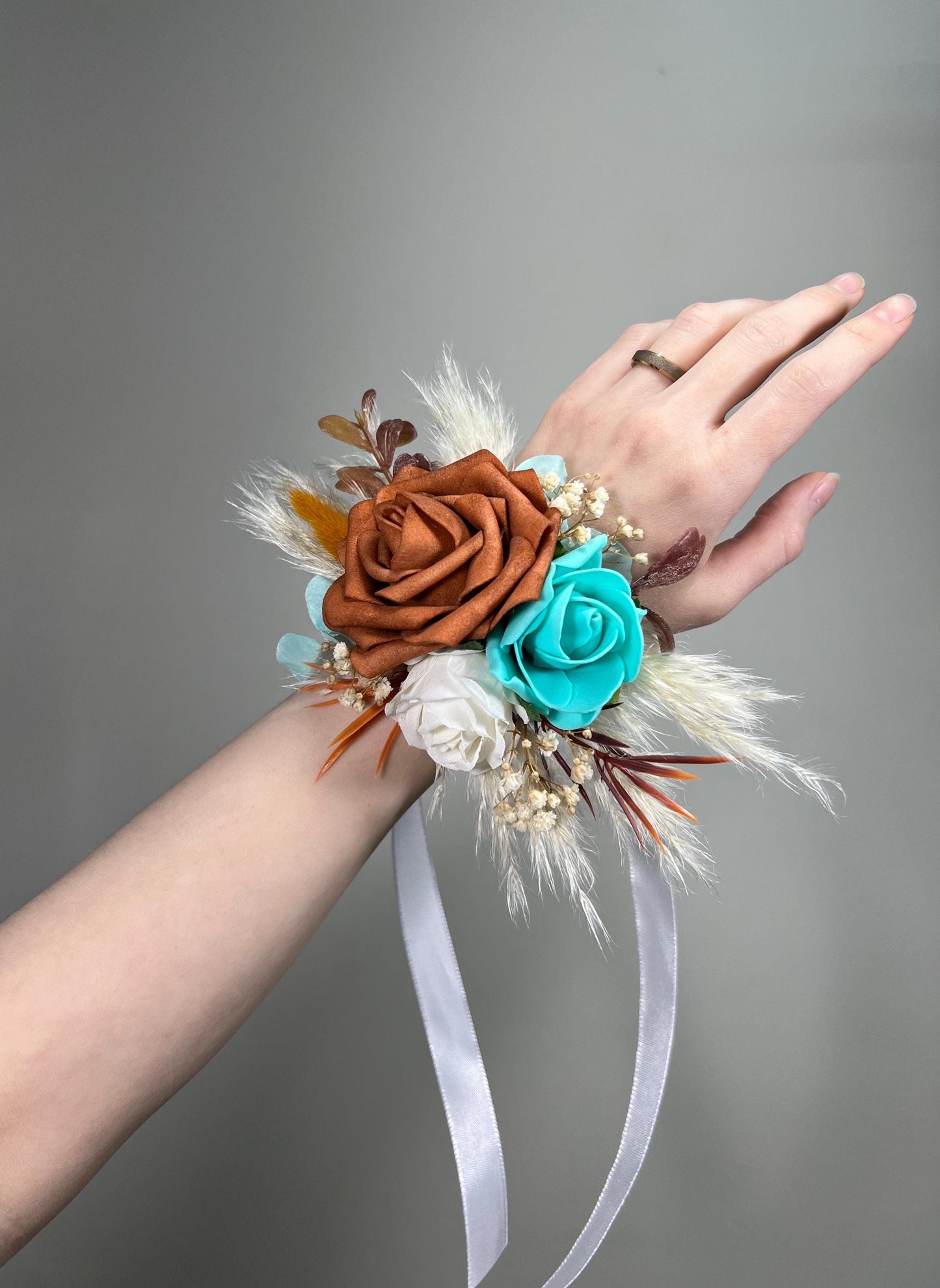 Turquoise Orange Corsage Wedding Burnt Orange Teal Corsage Boho Rust Turquoise Wrist Corsage Mom Terracotta Turquoise Corsage Teal Blue Aqua
