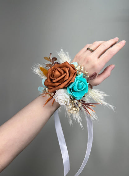 Turquoise Orange Corsage Wedding Burnt Orange Teal Corsage Boho Rust Turquoise Wrist Corsage Mom Terracotta Turquoise Corsage Teal Blue Aqua