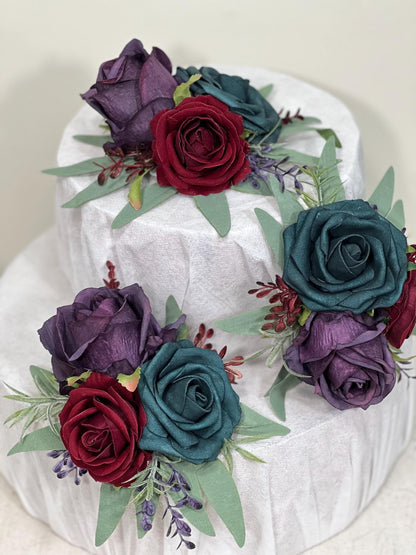 Teal Plum Cake Decor Flower Wedding Burgundy Cake Topper Dark Teal Purple Decor Cake Arrangements Jewel Tones Cake Decoration Teal Burgundy