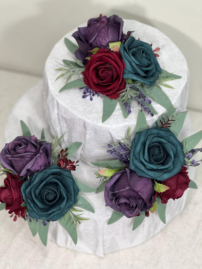 Teal Plum Cake Decor Flower Wedding Burgundy Cake Topper Dark Teal Purple Decor Cake Arrangements Jewel Tones Cake Decoration Teal Burgundy