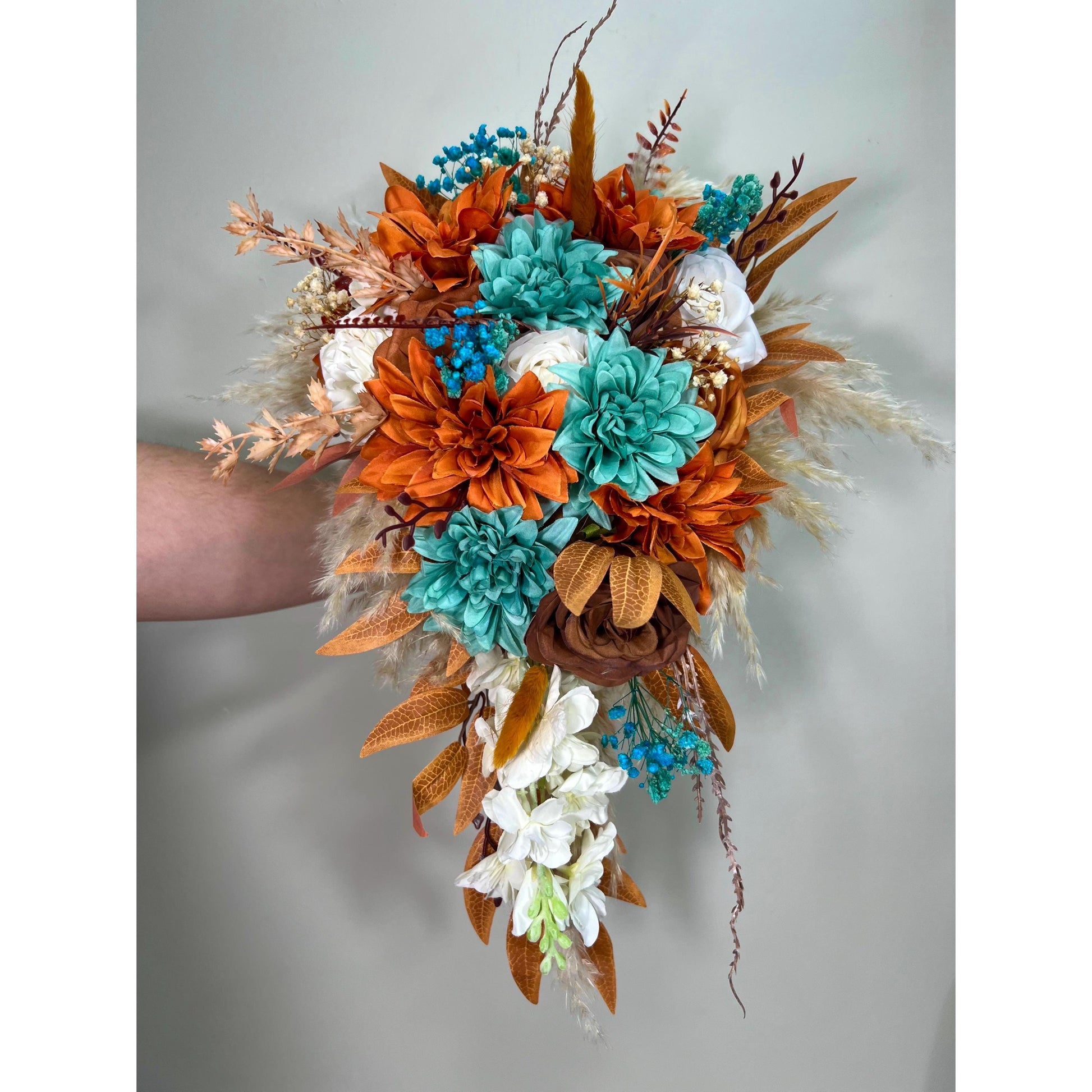 Bridesmaids Bouquet Teal Orange Wedding Boho Turquoise Terracotta Small Bouquet Petite Pampas Grass Rust Baby Breath White Ivory Teal Blue