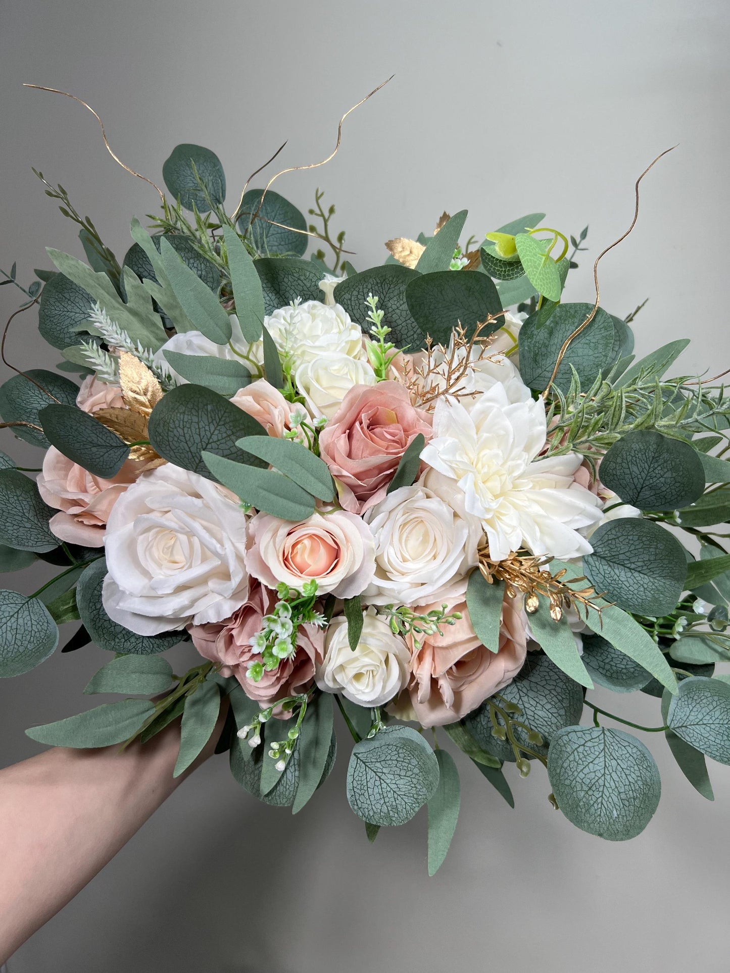 White Bouquet Bridesmaids Wedding Dusty Rose Blush Pink Gold Small Bridesmaids Petite Bouquet Flower Girl Artificial Flowers Eucalyptus Sage