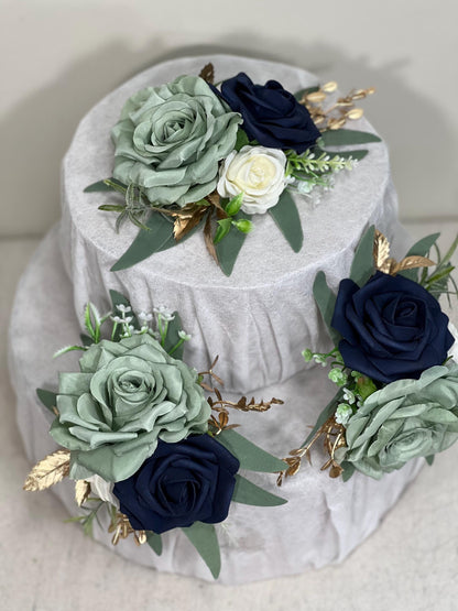 Sage Green Cake Decoration Wedding Sage Navy Blue Topper Decor Flower Cake Arrangement Sage Green Blue White Cake Decor Artificial Flower