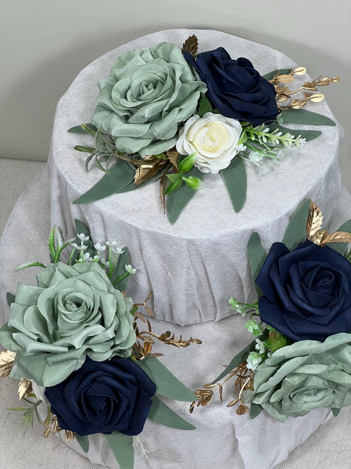 Sage Green Cake Decoration Wedding Sage Navy Blue Topper Decor Flower Cake Arrangement Sage Green Blue White Cake Decor Artificial Flower