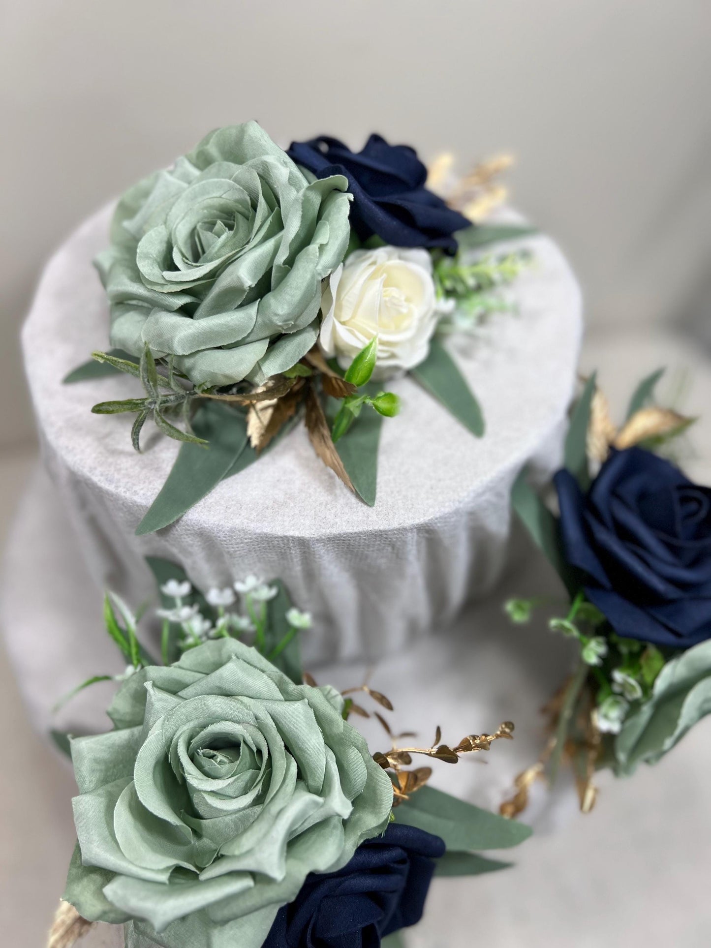 Sage Green Cake Decoration Wedding Sage Navy Blue Topper Decor Flower Cake Arrangement Sage Green Blue White Cake Decor Artificial Flower