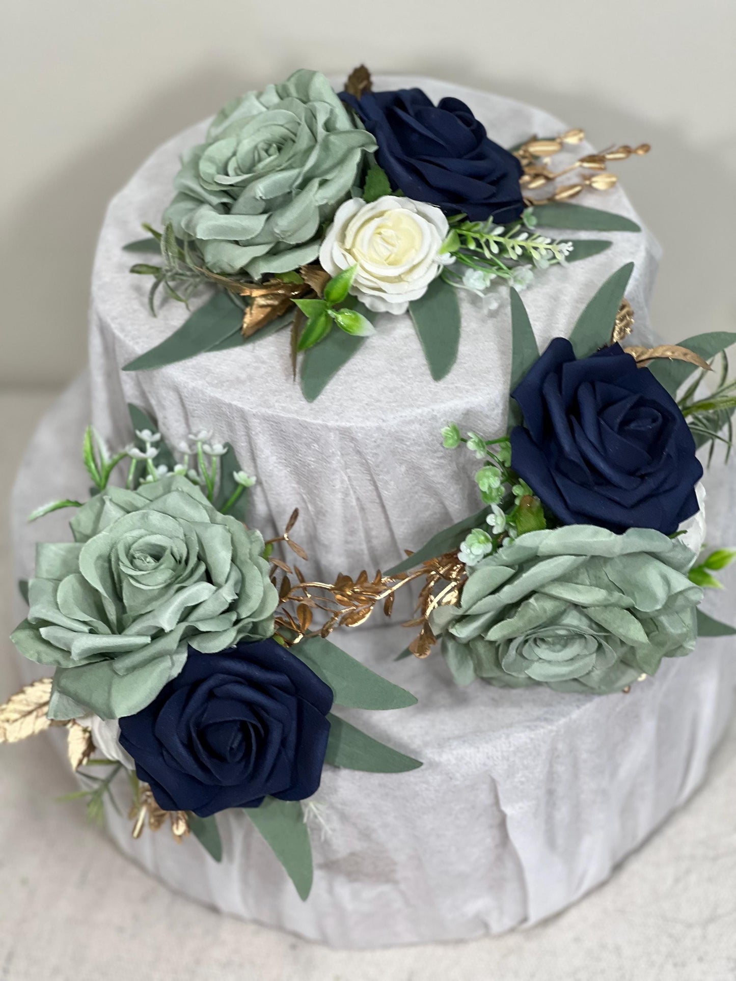Sage Green Cake Decoration Wedding Sage Navy Blue Topper Decor Flower Cake Arrangement Sage Green Blue White Cake Decor Artificial Flower