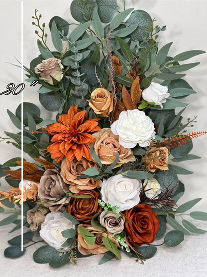 Wedding Aisle Marker Flower Floor Arrangement Whiskey Barrel Décor Burnt Orange Ground Arch White Terracotta Décor Rust Brown Fall Colors