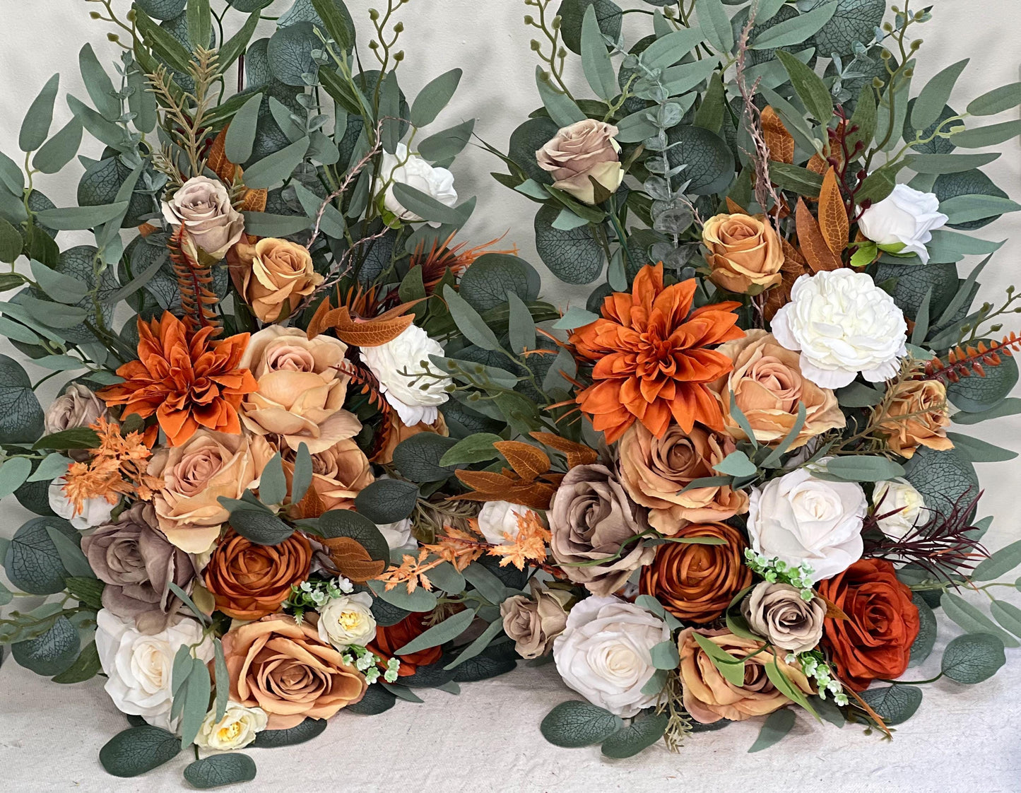 Wedding Aisle Marker Flower Floor Arrangement Whiskey Barrel Décor Burnt Orange Ground Arch White Terracotta Décor Rust Brown Fall Colors