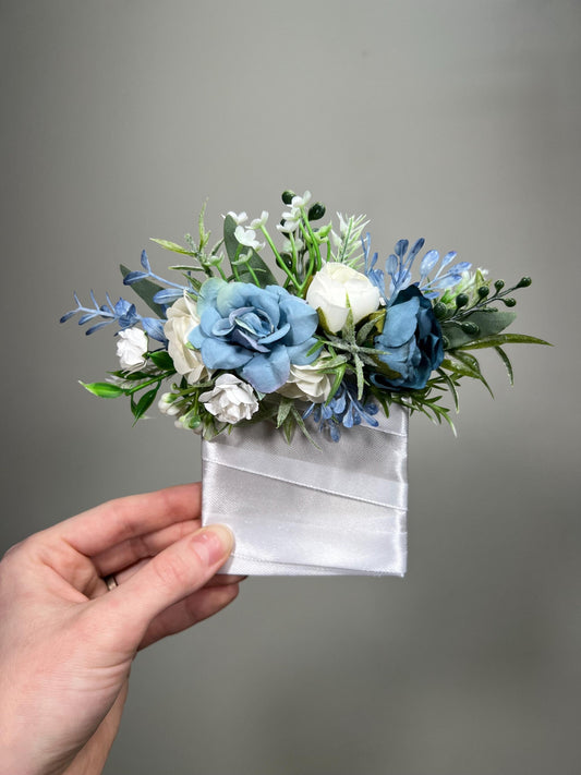 Blue Pocket Boutonniere Wedding Dusty Blue White Groom Boutonnière Square Blue Ivory Blue Groomsmen Boutonniere Pocket Dusty Blue Greenery