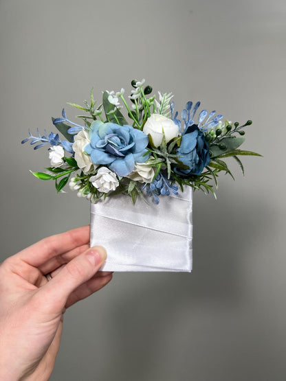 Blue Pocket Boutonniere Wedding Dusty Blue White Groom Boutonnière Square Blue Ivory Blue Groomsmen Boutonniere Pocket Dusty Blue Greenery