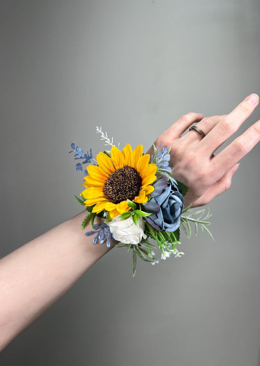 Sunflower Corsage Wedding Dusty Blue Sunflower Wrist Corsage Mom Yellow Sunflower Corsages Blue Sunflower Fall Baby Breath White Corsage