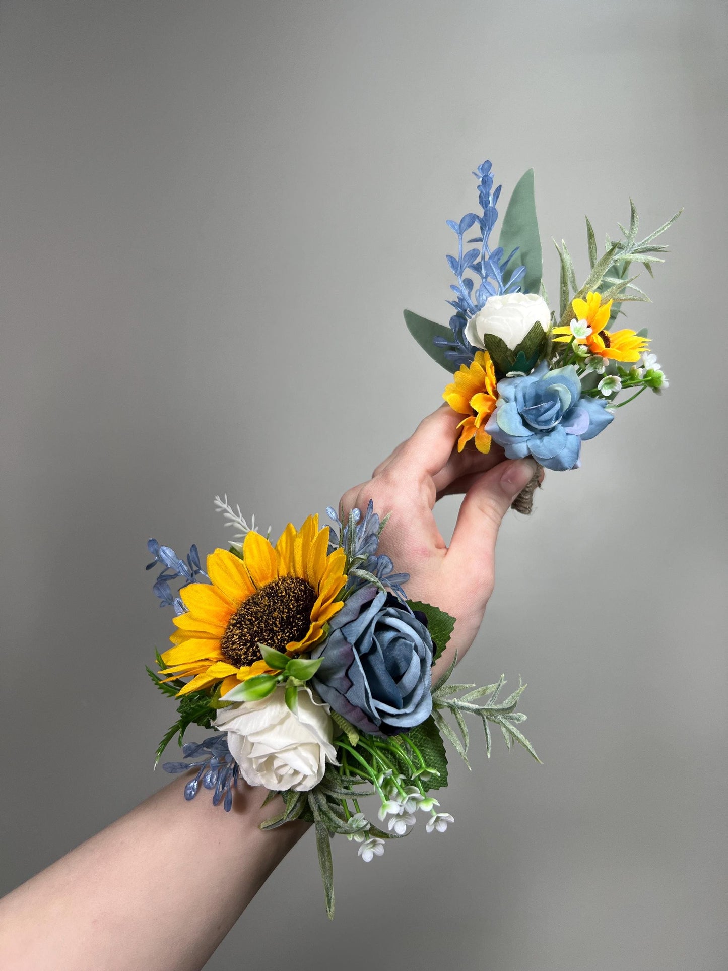 Sunflower Corsage Wedding Dusty Blue Sunflower Wrist Corsage Mom Yellow Sunflower Corsages Blue Sunflower Fall Baby Breath White Corsage