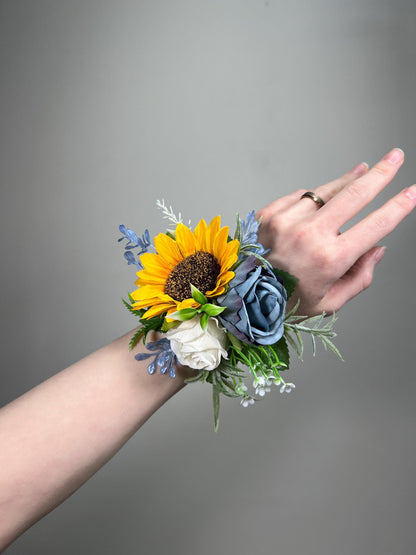 Sunflower Corsage Wedding Dusty Blue Sunflower Wrist Corsage Mom Yellow Sunflower Corsages Blue Sunflower Fall Baby Breath White Corsage