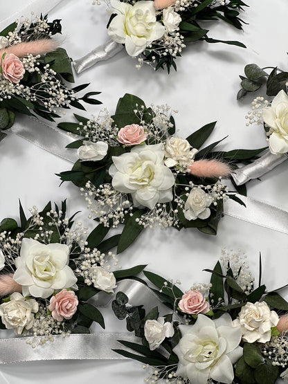White Blush Boutonniere Wedding Eucalyptus Boutonniere Wrist Corsage Bridesmaids White Blush Mom Pink Baby Breath Accessories Artificial