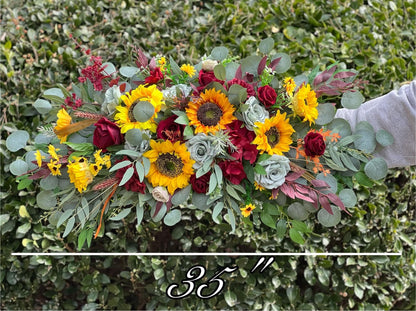 Sunflower Arch Arrangement Boho Sunflower Burgundy Arbor Arrangement Sunflower Sage Green Arch Arrangement Maroon Sunflower Decor Greenery