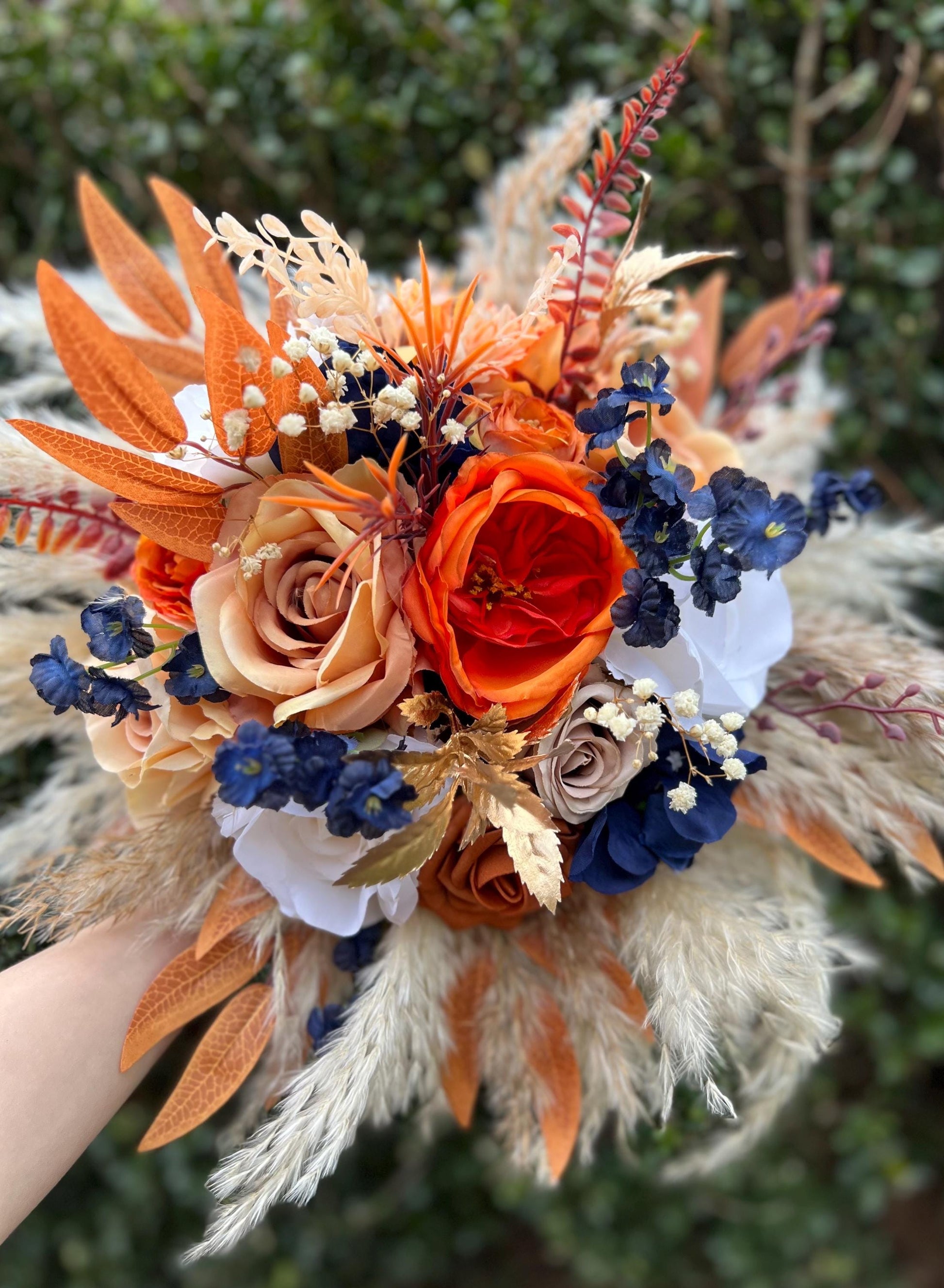 Orange Navy Blue Bouquet Wedding Boho Burnt Orange Bouquet Bridal Navy Blue Terracotta White Bouquet Bridesmaids Rust Blue Pampas Grass