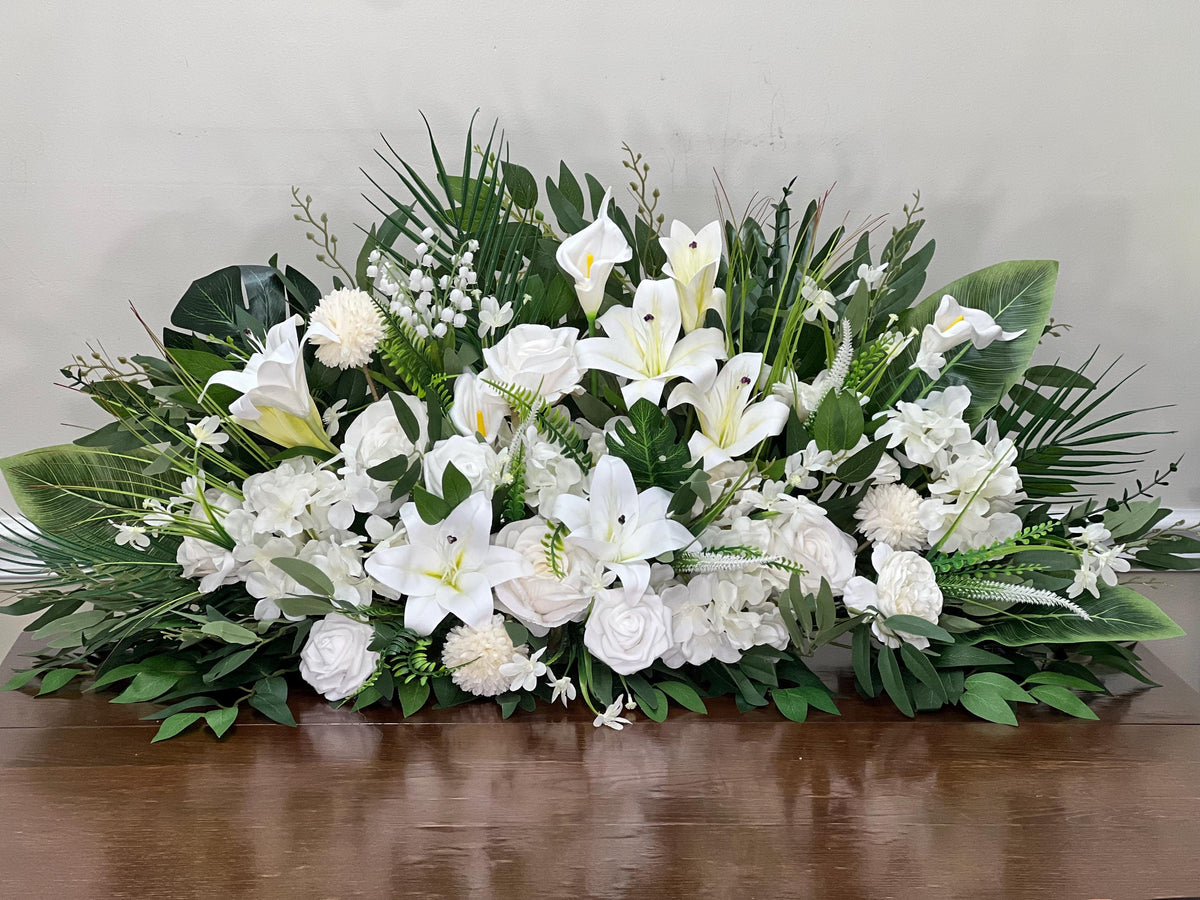 White Wedding Altar Flower Arrangement, Church Ceremony Pulpit Flowers, White Lily Chapel Floral Decor Centerpiece Reddit