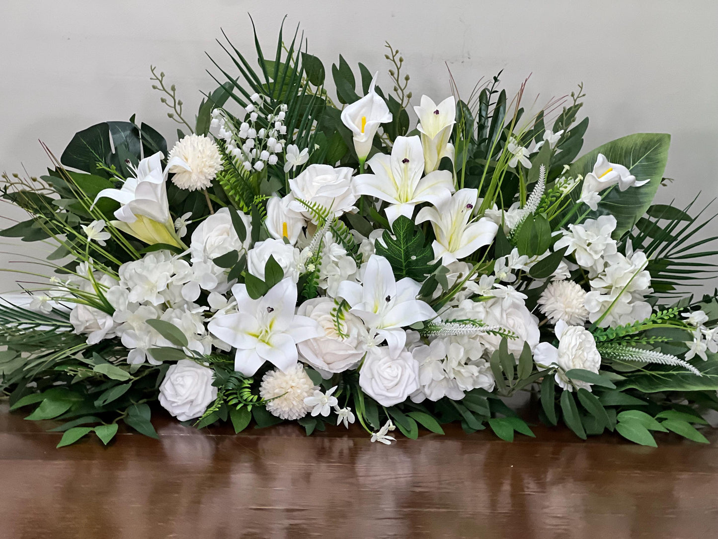 White Wedding Altar Flower Arrangement, Church Ceremony Pulpit Flowers, White Lily Chapel Floral Decor Centerpiece Reddit
