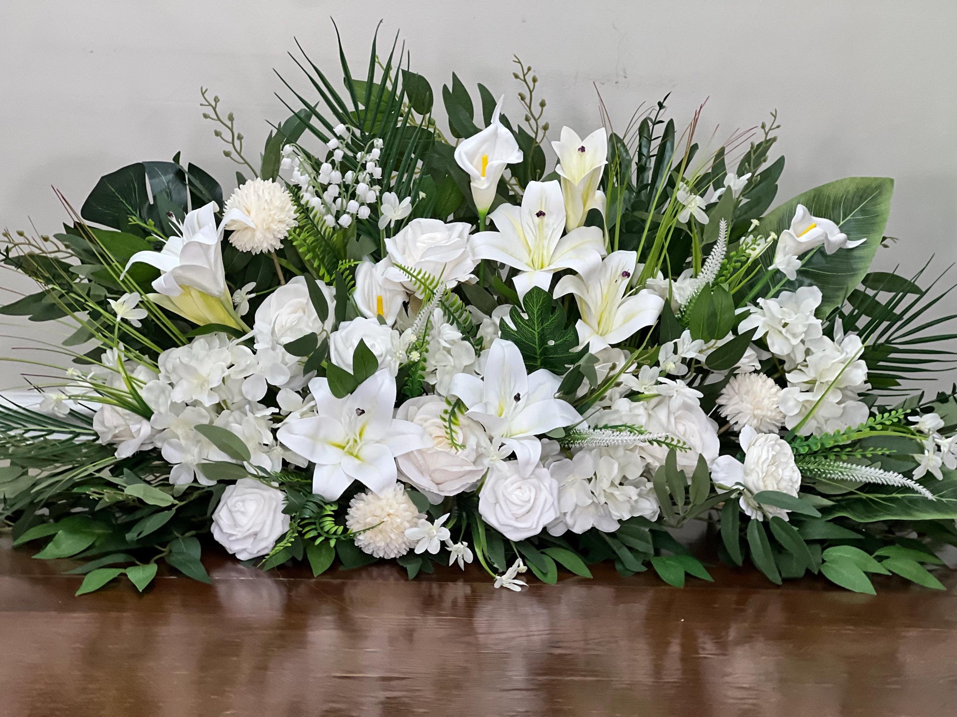 White Wedding Altar Flower Arrangement, Church Ceremony Pulpit Flowers, White Lily Chapel Floral Decor Centerpiece Reddit