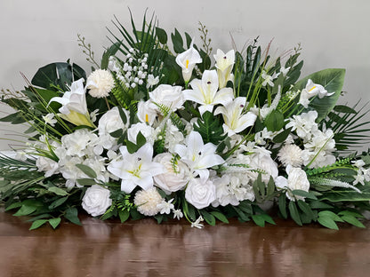 White Wedding Altar Flower Arrangement, Church Ceremony Pulpit Flowers, White Lily Chapel Floral Decor Centerpiece Reddit