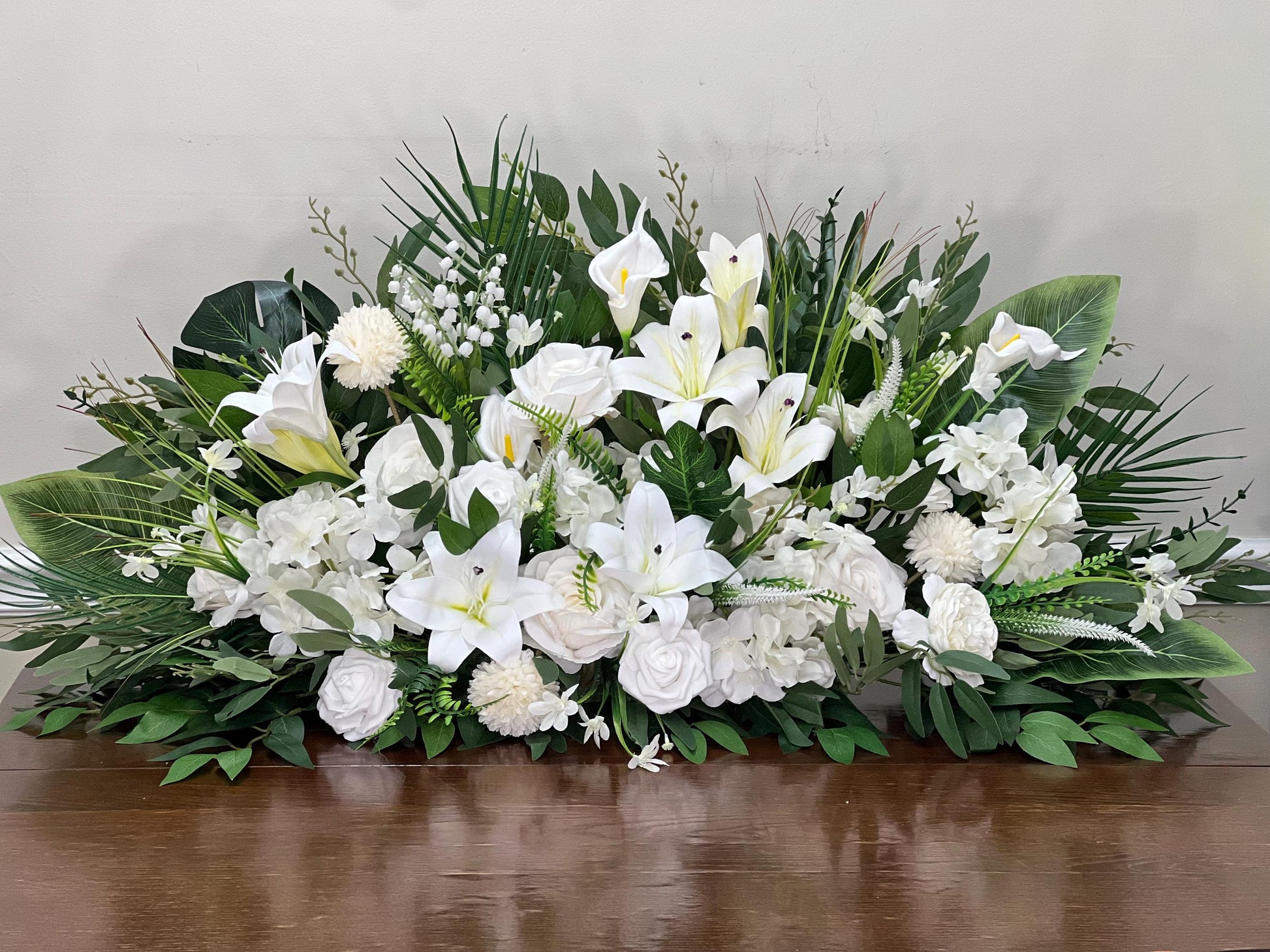 White Wedding Altar Flower Arrangement, Church Ceremony Pulpit Flowers, White Lily Chapel Floral Decor Centerpiece Reddit