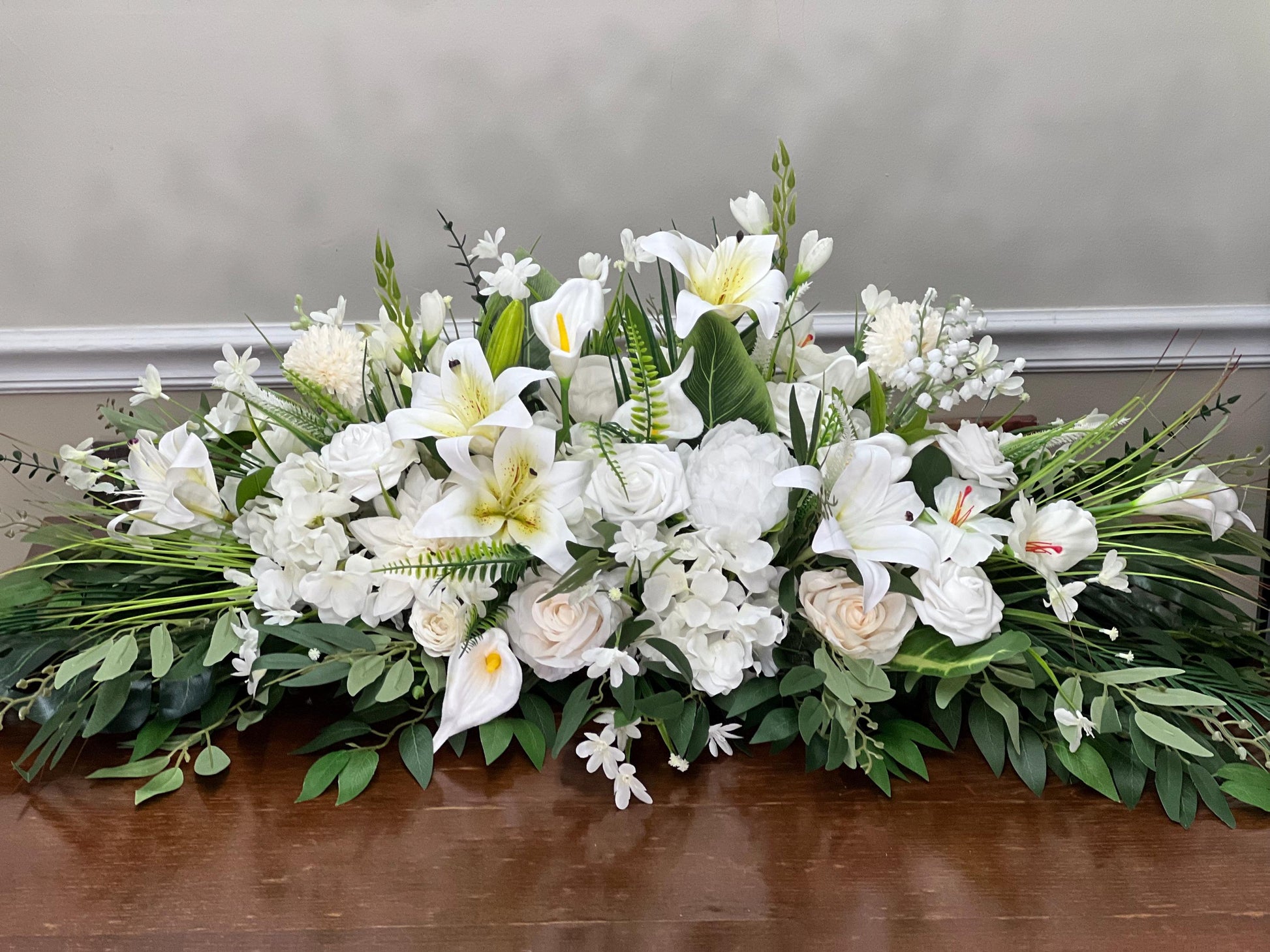White Wedding Altar Flower Arrangement, Church Ceremony Pulpit Flowers, White Lily Chapel Floral Decor Centerpiece Reddit