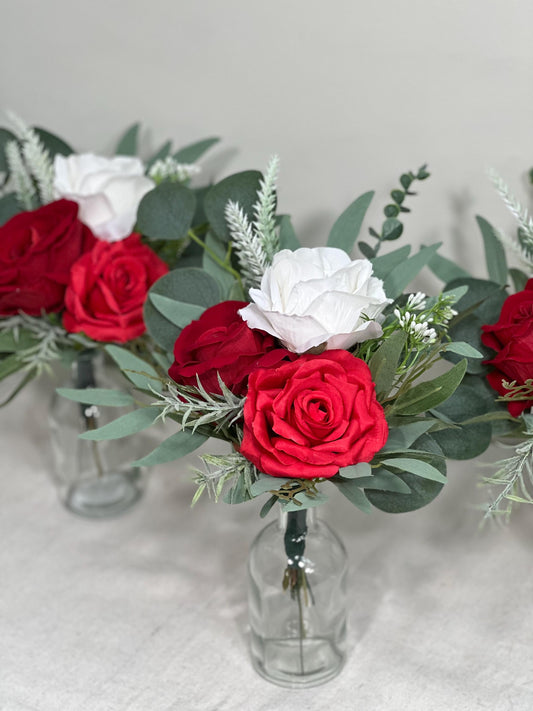 Mini Bouquets for Vases Red Centerpiece 3 Flowers Red White Mini Centerpiece Decor Red Ivory Sage Greenery Eucalyptus