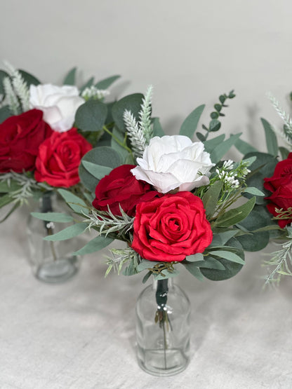 Mini Bouquets for Vases Red Centerpiece 3 Flowers Red White Mini Centerpiece Decor Red Ivory Sage Greenery Eucalyptus