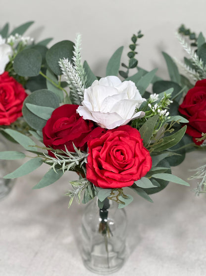 Mini Bouquets for Vases Red Centerpiece 3 Flowers Red White Mini Centerpiece Decor Red Ivory Sage Greenery Eucalyptus