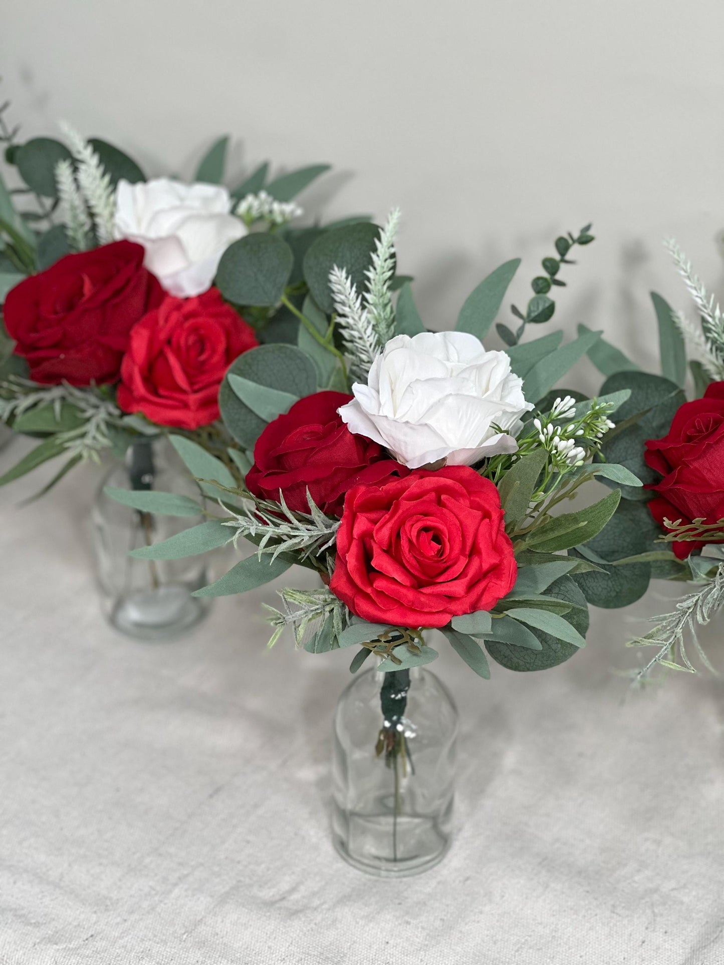 Mini Bouquets for Vases Red Centerpiece 3 Flowers Red White Mini Centerpiece Decor Red Ivory Sage Greenery Eucalyptus