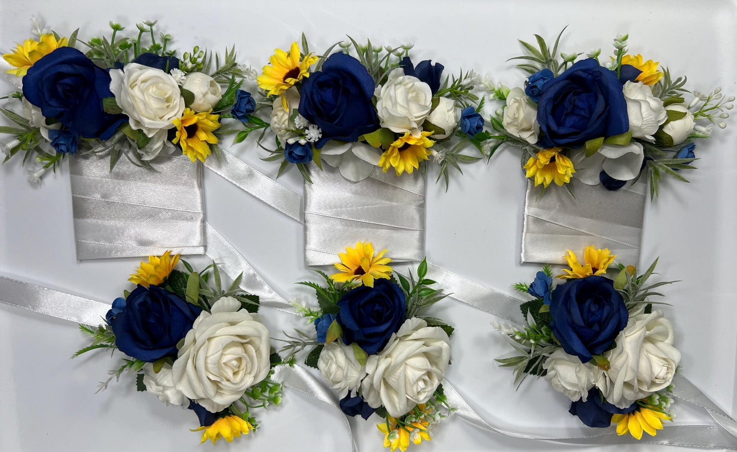 Dark Blue White Boutonnière, Wedding Groom Groomsmen Navy Blue Royal Yellow Sunflowers