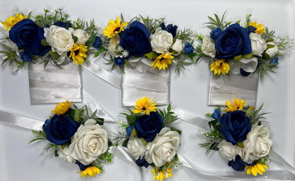Sunflower Navy Blue Pocket Boutonniere Wedding Sunflowers Navy Blue Square Boutonniere Yellow Sunflowers White Pocket Boutonniere Artificial