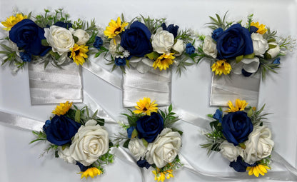 Sunflower Navy Blue Pocket Boutonniere Wedding Sunflowers Navy Blue Square Boutonniere Yellow Sunflowers White Pocket Boutonniere Artificial