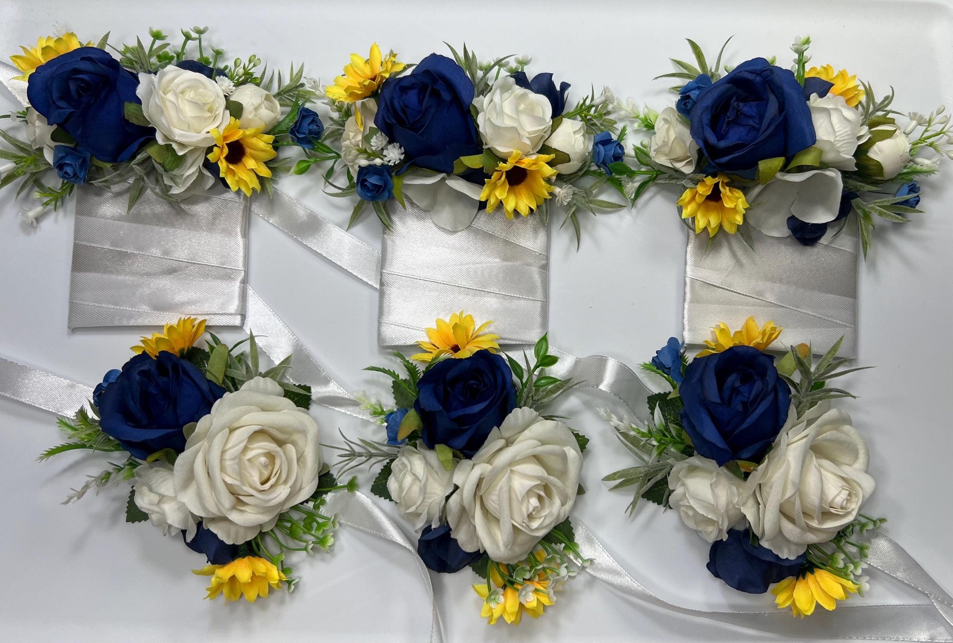 Dark Blue White Boutonnière, Wedding Groom Groomsmen Navy Blue Royal Yellow Sunflowers