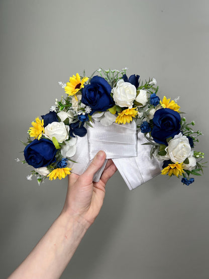 Sunflower Navy Blue Pocket Boutonniere Wedding Sunflowers Navy Blue Square Boutonniere Yellow Sunflowers White Pocket Boutonniere Artificial