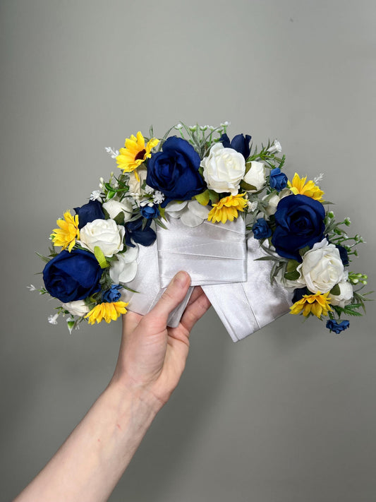 Sunflower Navy Blue Pocket Boutonniere Wedding Sunflowers Navy Blue Square Boutonniere Yellow Sunflowers White Pocket Boutonniere Artificial