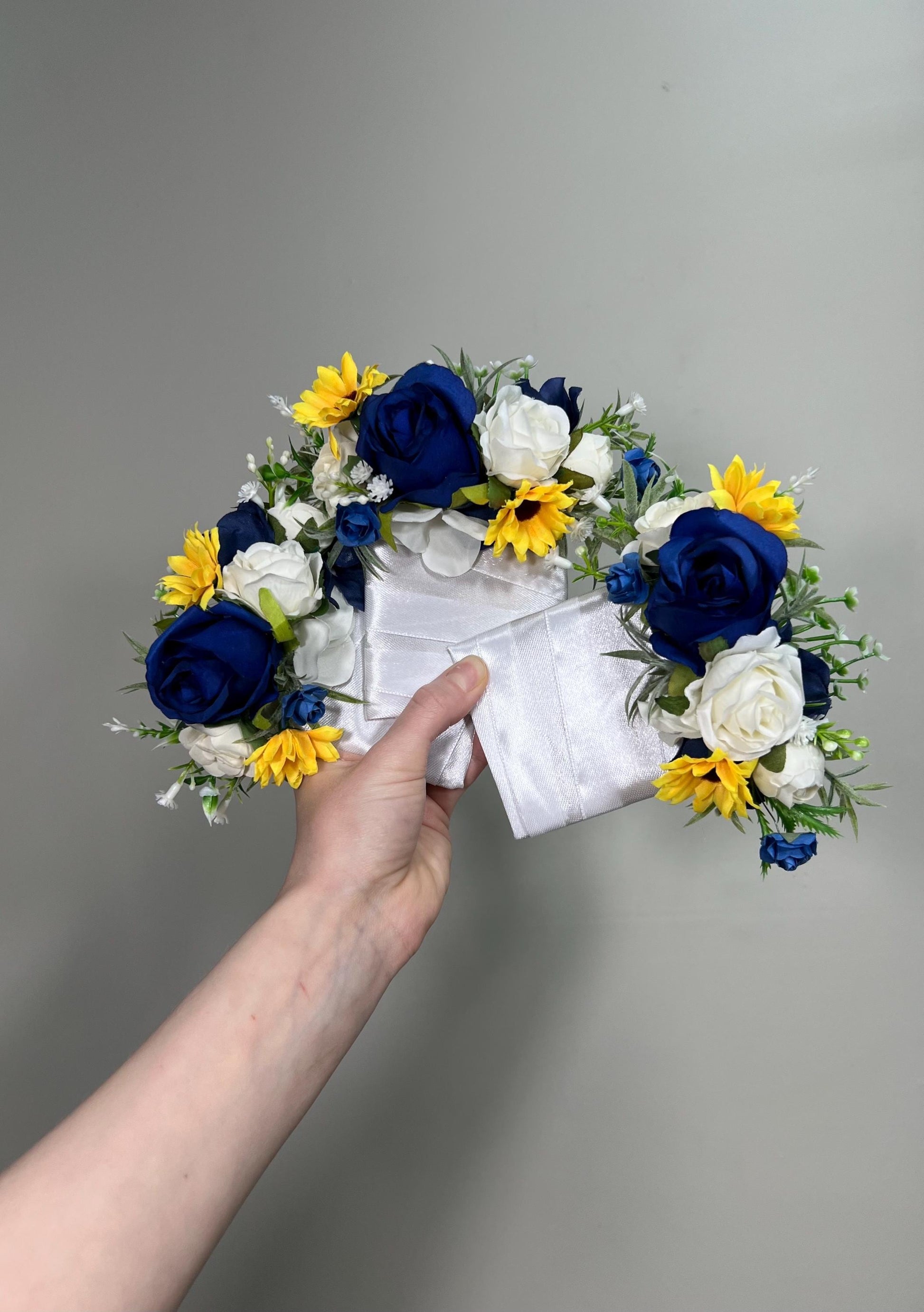 Dark Blue White Boutonnière, Wedding Groom Groomsmen Navy Blue Royal Yellow Sunflowers