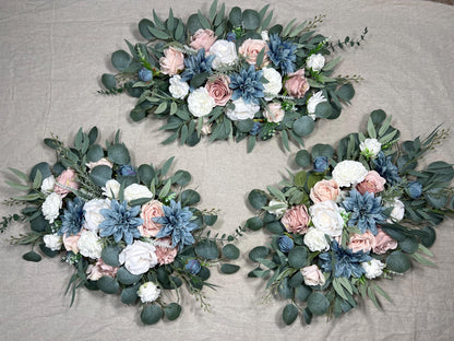 Dusty Blue White Arch Arrangements Wedding Pink Dusty Blue Arbor Arrangement Blush Blue Ivory Wall Decor Pink Blue Swag Arch Arrangements