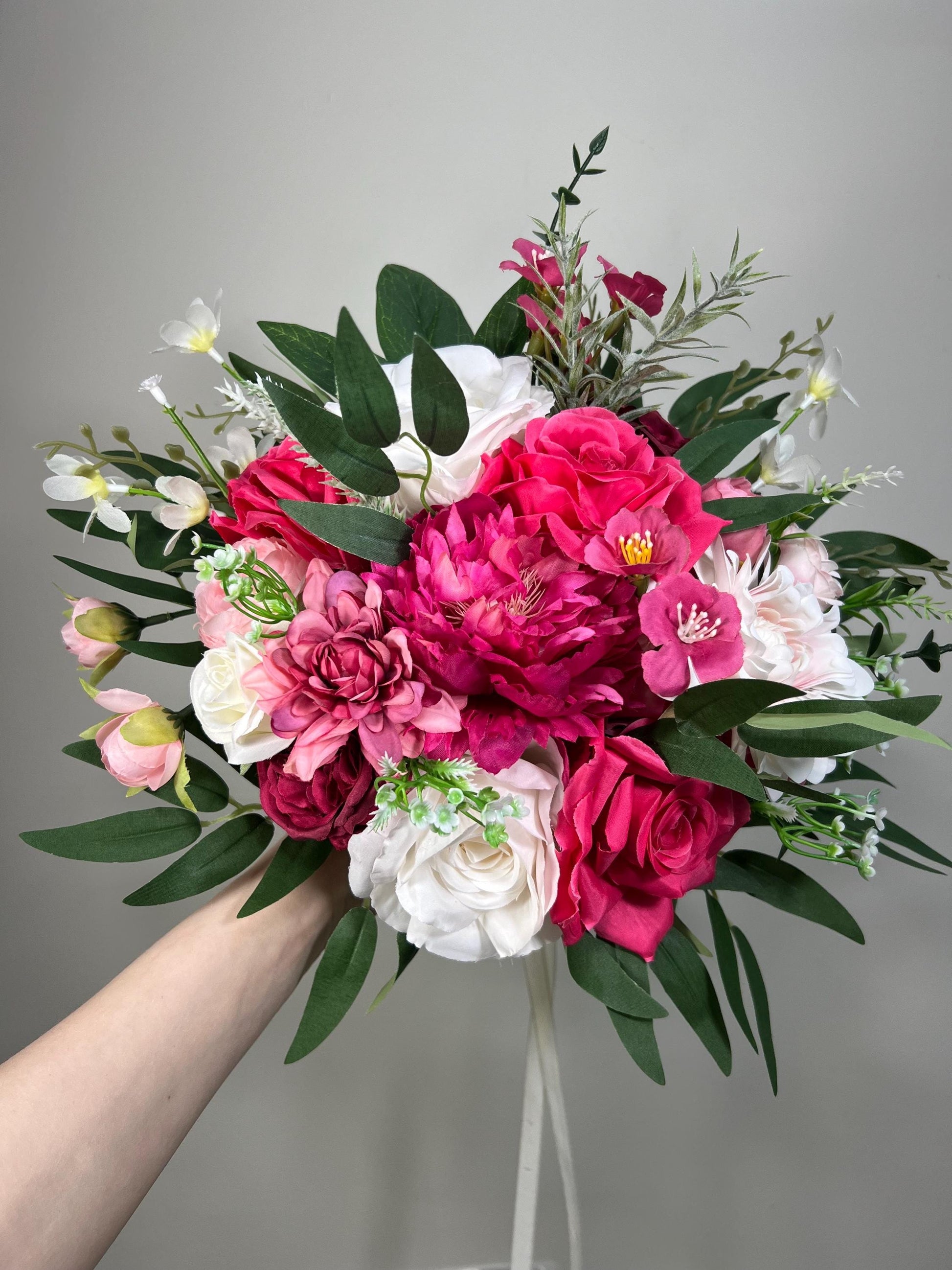 Hot Pink Bouquet Wedding Bridal Fuchsia Bouquet Bridesmaids Hot Pink Peony Deep Pink Neon Bouquet White Artificial Flower Wild Flower Summer