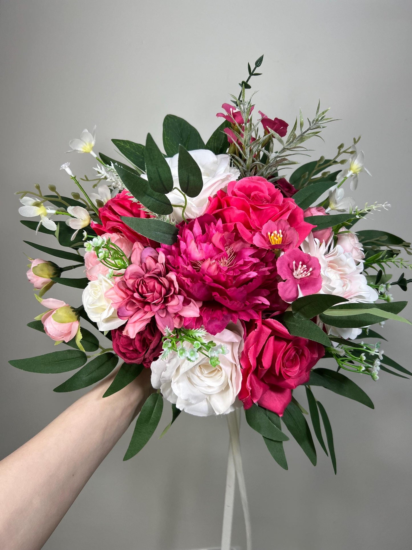 Wedding Fuchsia Bouquet Bridal Magenta Bridesmaids Bouquet Hot Pink Peony Deep Pink Neon Pink Bouquet White Artificial Flower Wild