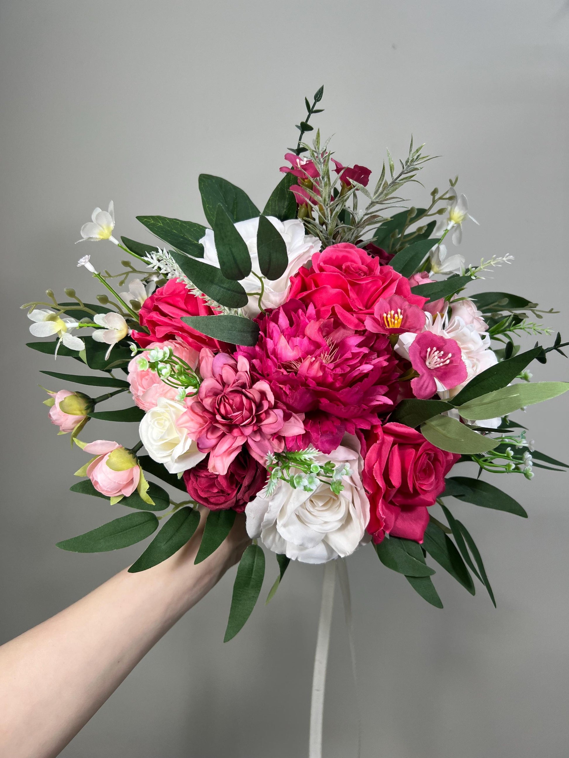 Wedding Fuchsia Bouquet Bridal Viva Magenta Bridesmaids Bouquet Hot Pink Peony Deep Pink Neon Pink Bouquet White Artificial Flower Wild