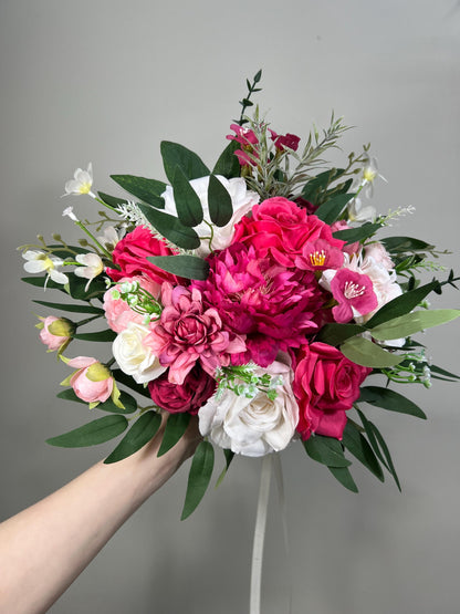 Wedding Fuchsia Bouquet Bridal Viva Magenta Bridesmaids Bouquet Hot Pink Peony Deep Pink Neon Pink Bouquet White Artificial Flower Wild
