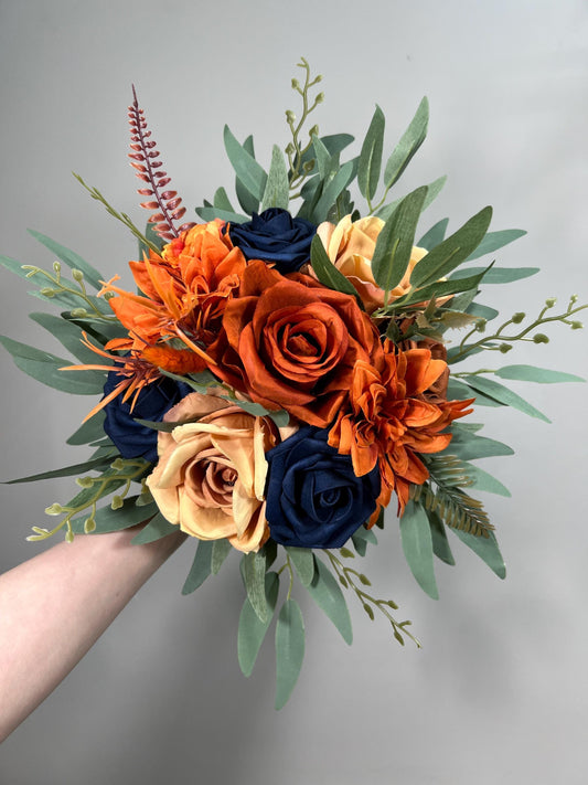 Navy Blue Orange Bouquet Wedding Navy Blue Rust Bouquet Bridesmaids Terracotta Dark Blue Bouquet Burnt Orange Navy Blue Artificial Flowers