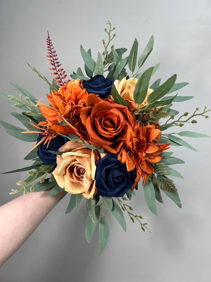 Navy Blue Rust Bouquet Bridal Wedding Cascade Bouquet Navy Blue Terracotta Cascading Bouquet Dark Blue Bridesmaids Burnt Orange Bouquet