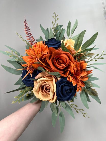 Navy Blue Orange Bouquet Wedding Navy Blue Rust Bouquet Bridesmaids Terracotta Dark Blue Bouquet Burnt Orange Navy Blue Artificial Flowers