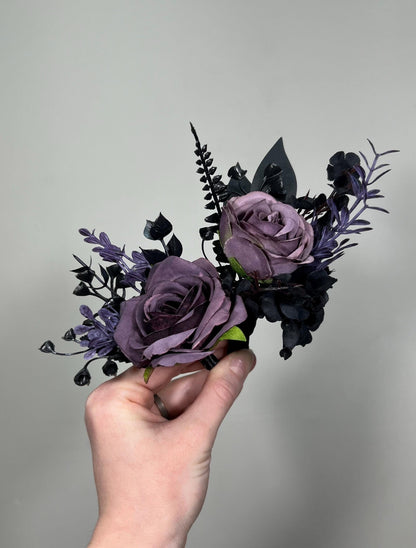 Black Plum Boutonniere Wedding Groom Black Dark Purple Boutonniere Gothic Groomsmen Purple Black Boutonniere Prom Black Artificial Flowers