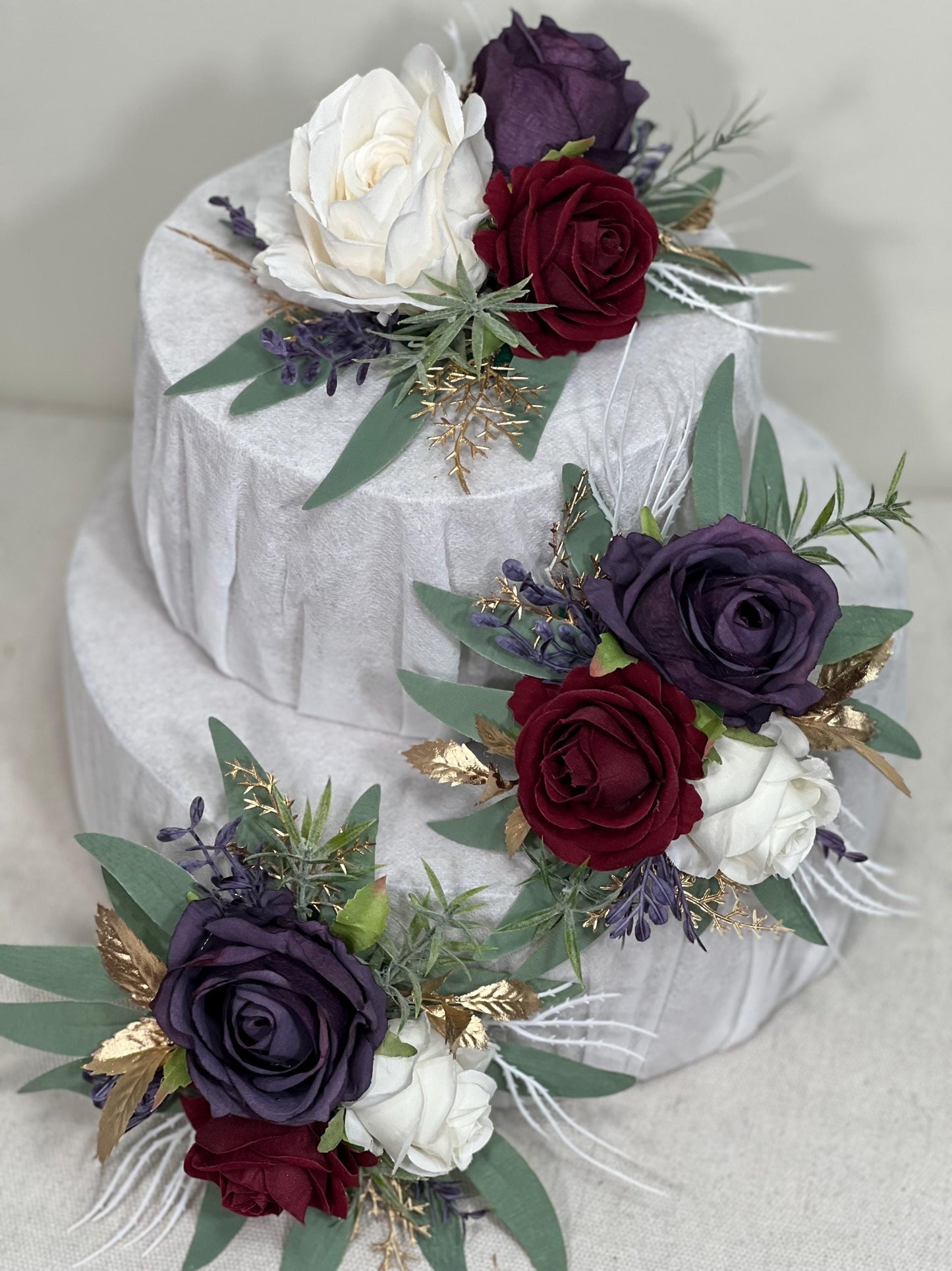 Plum Burgundy Cake Decoration Wedding Cake Topper Dark Purple Wine Red White Artificial Flower Cake Arrangement Plum Burgundy Cake Decor