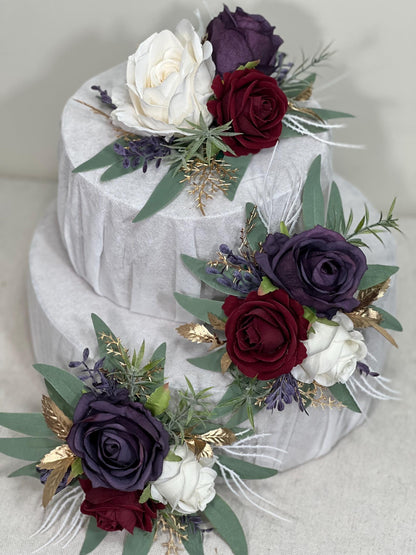 Plum Burgundy Cake Decoration Wedding Cake Topper Dark Purple Wine Red White Artificial Flower Cake Arrangement Plum Burgundy Cake Decor