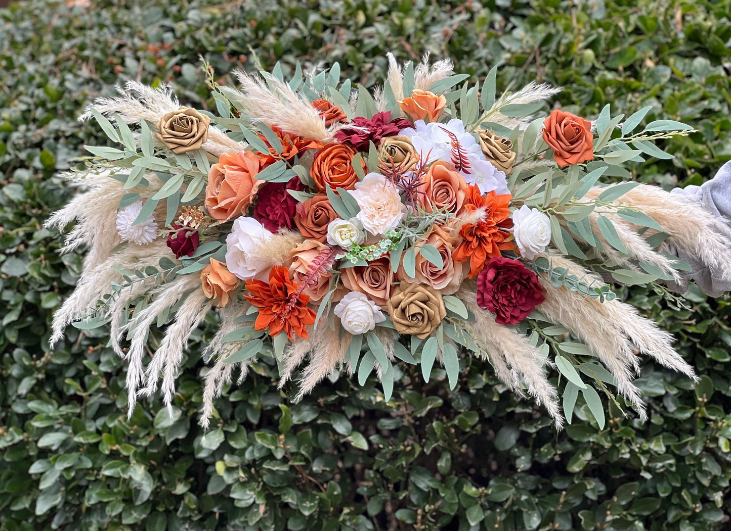 Terracotta Arch Arrangement Wedding Boho Burnt Orange Curved Arrangement Burgundy Pampas Grass Arbor Arrangement Rust White Gold Wedding