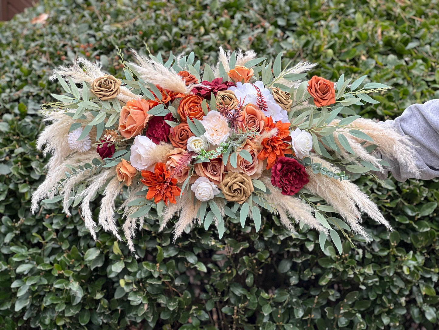 Terracotta Arch Arrangement Wedding Boho Burnt Orange Arrangement Burgundy Pampas Grass Arbor Arrangement Rust White Wall Decor Eucalyptus